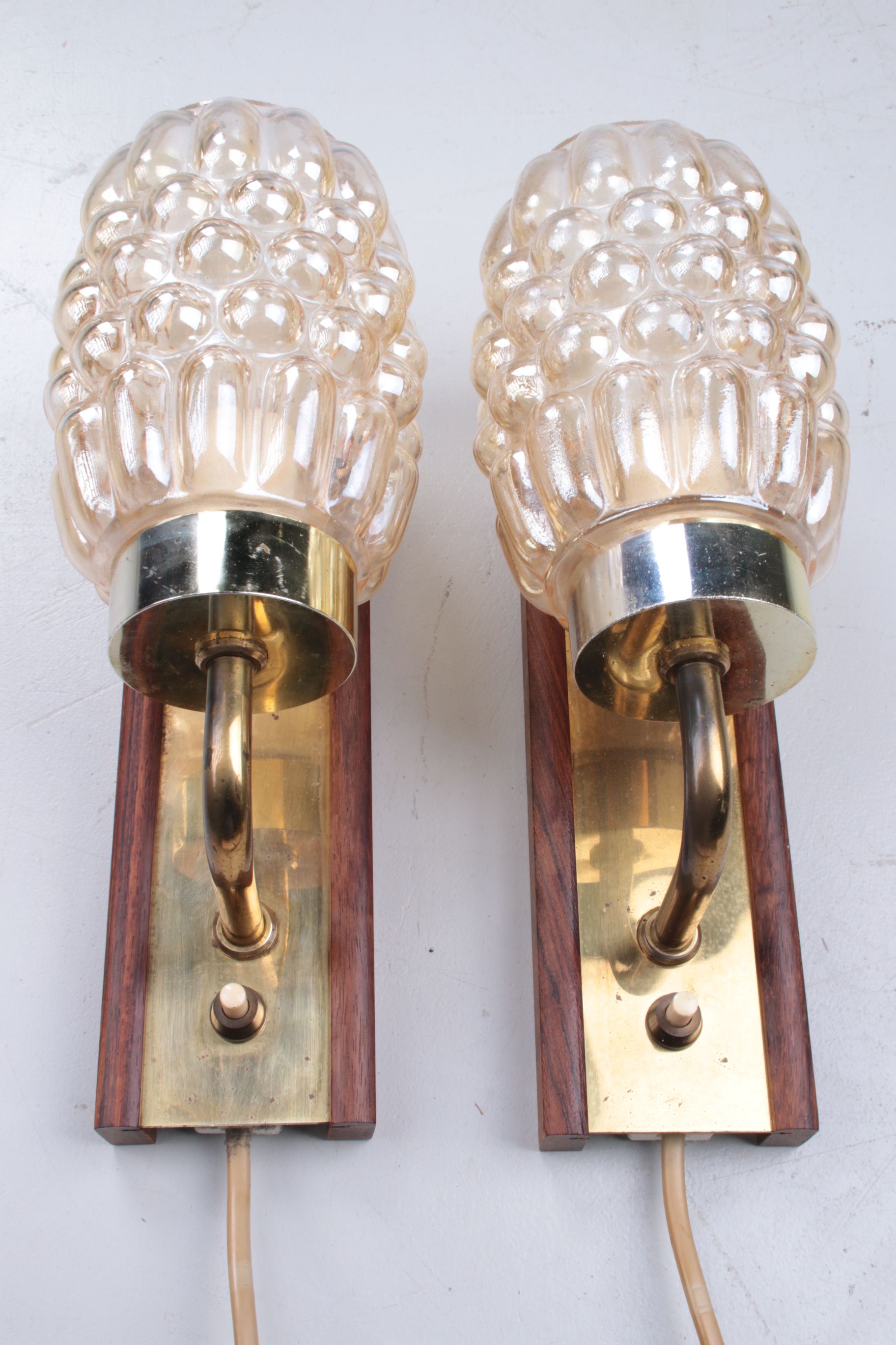 Set Wall lamps Danish teak with brass and glass.