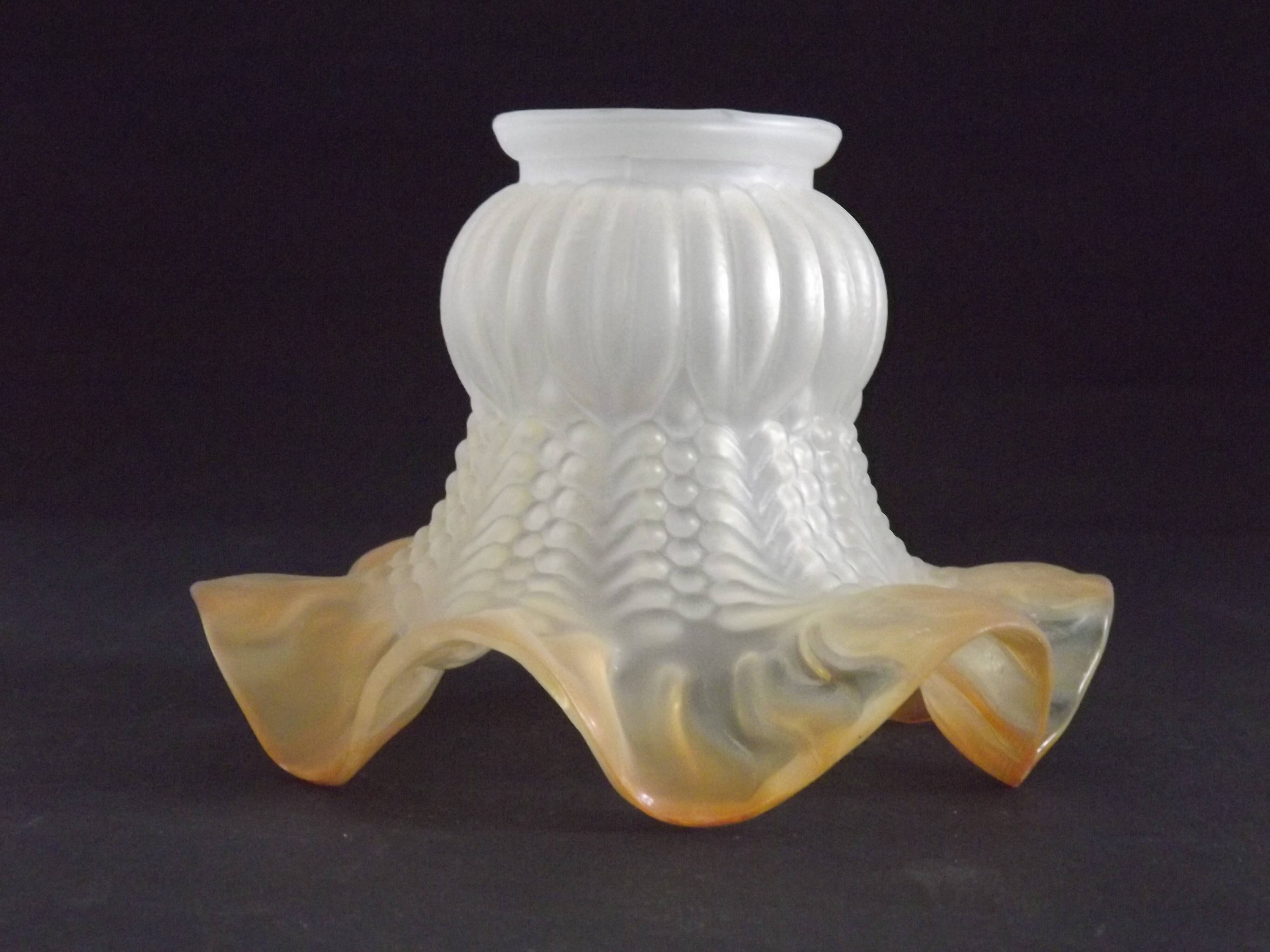 Vintage French Opaque White Glass Replacement Shade with Frilled Amber Edge