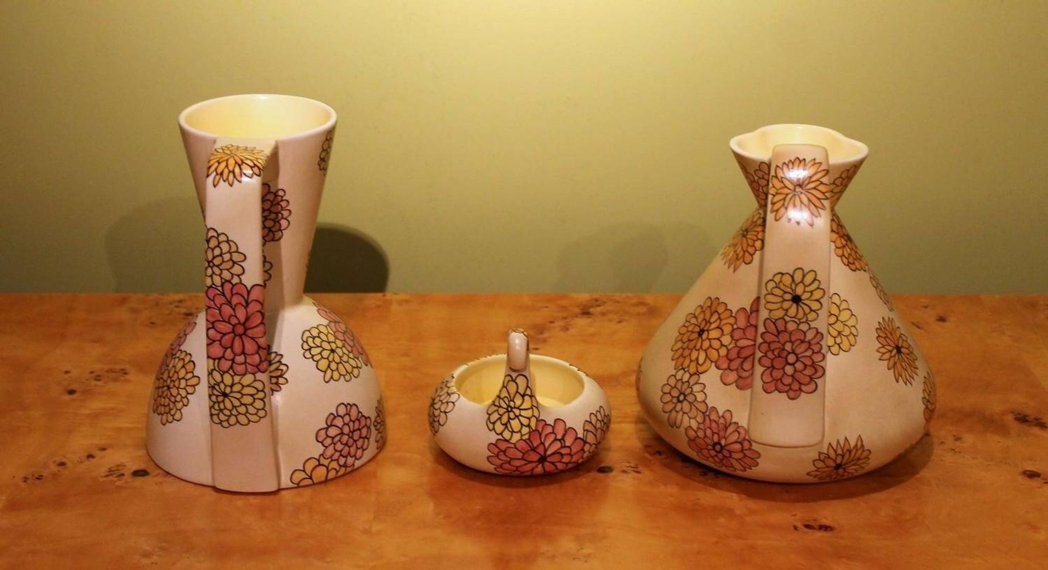 Italian Art Deco Ceramic Jug, Pitcher and Tray Set with Floral Patterns from Lenci, 1930s, Set of 3