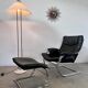 Old armchair and ottoman black leather tubular chrome bauhaus design from the 70s