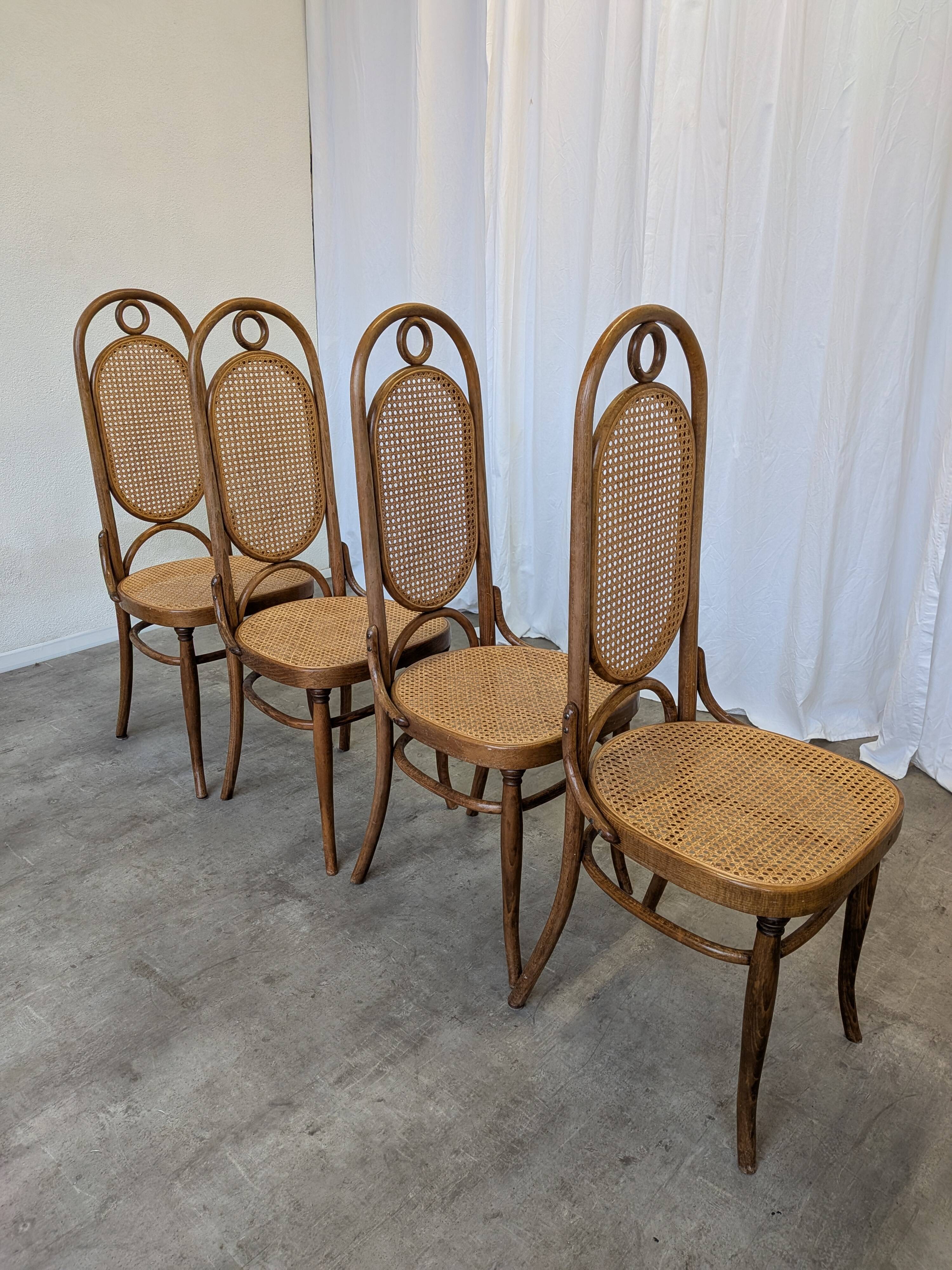 Set of 4 Vintage Bentwood Cane Dining Chair, Thonet Style, 1970s Yugoslavia