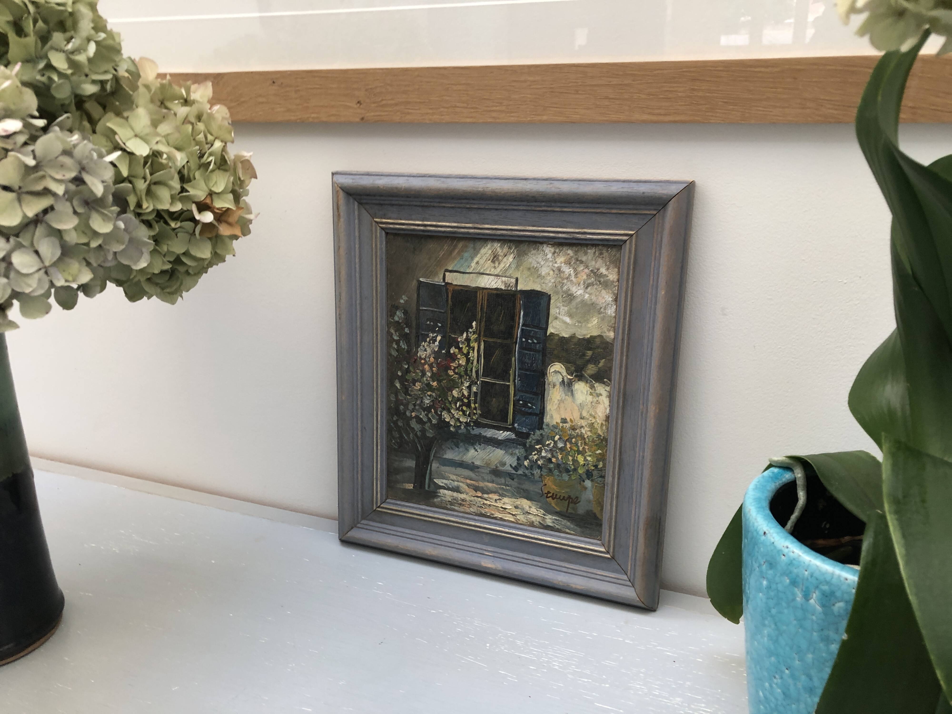 Oil painting on canvas Landscape with blue shutters