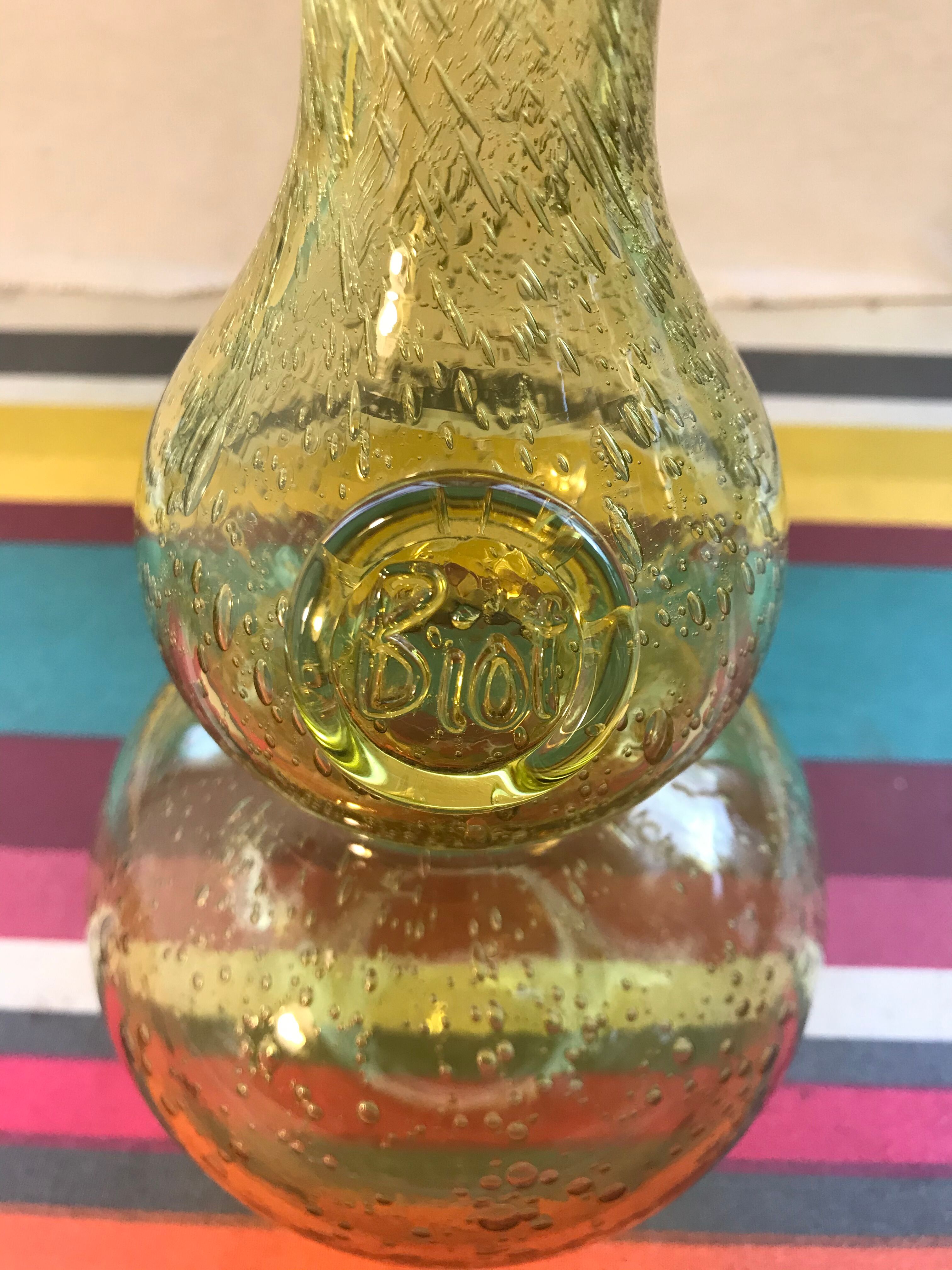 Pair Old Bottle BIOT Yellow Bullized Blown Glass - Bouchon
