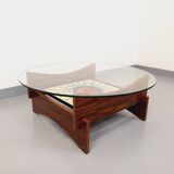 Vintage 60s-70s round coffee table with 2 shelves in glass and rosewood