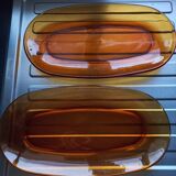 Duo of rectangular amber glass dish