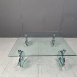 Vintage glass coffee table on wheels, 1980s - Italy