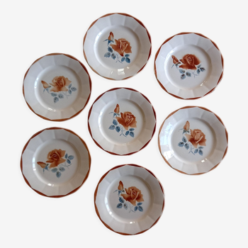 7 assiettes en faïence beige rose Digoin Sarreguemines 9181 roses