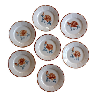 7 assiettes en faïence beige rose Digoin Sarreguemines 9181 roses