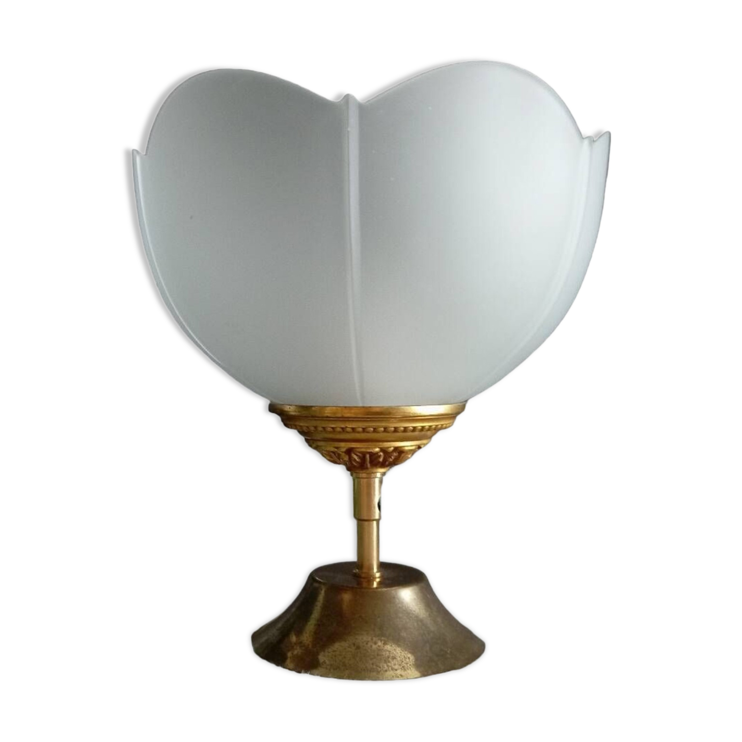 Art deco desk lamp white frosted corolla glass, gold base