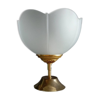 Art deco desk lamp white frosted corolla glass, gold base