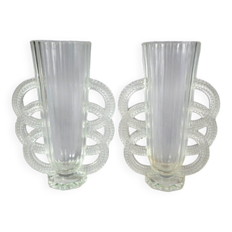 Paire vases Art-déco en verre signées Verlis. Bel état.