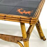50s/60s coffee table in rattan and ceramic