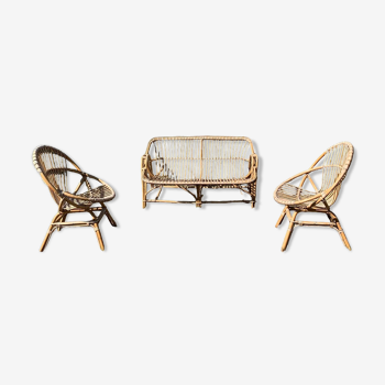 Sofa and its two vintage rattan armchairs