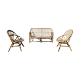 Sofa and its two vintage rattan armchairs