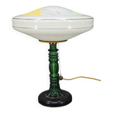 Lampe de table en verre restaurée des années 1940 avec abat-jour en verre