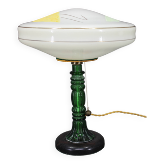 Lampe de table en verre restaurée des années 1940 avec abat-jour en verre