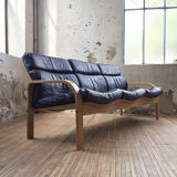 Danish sofa and armchairs curved wood and leather