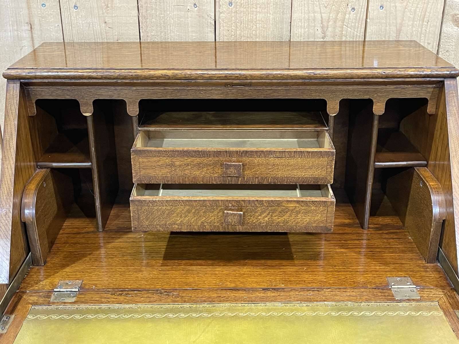 English donkey desk in oak and leather top, 1950s