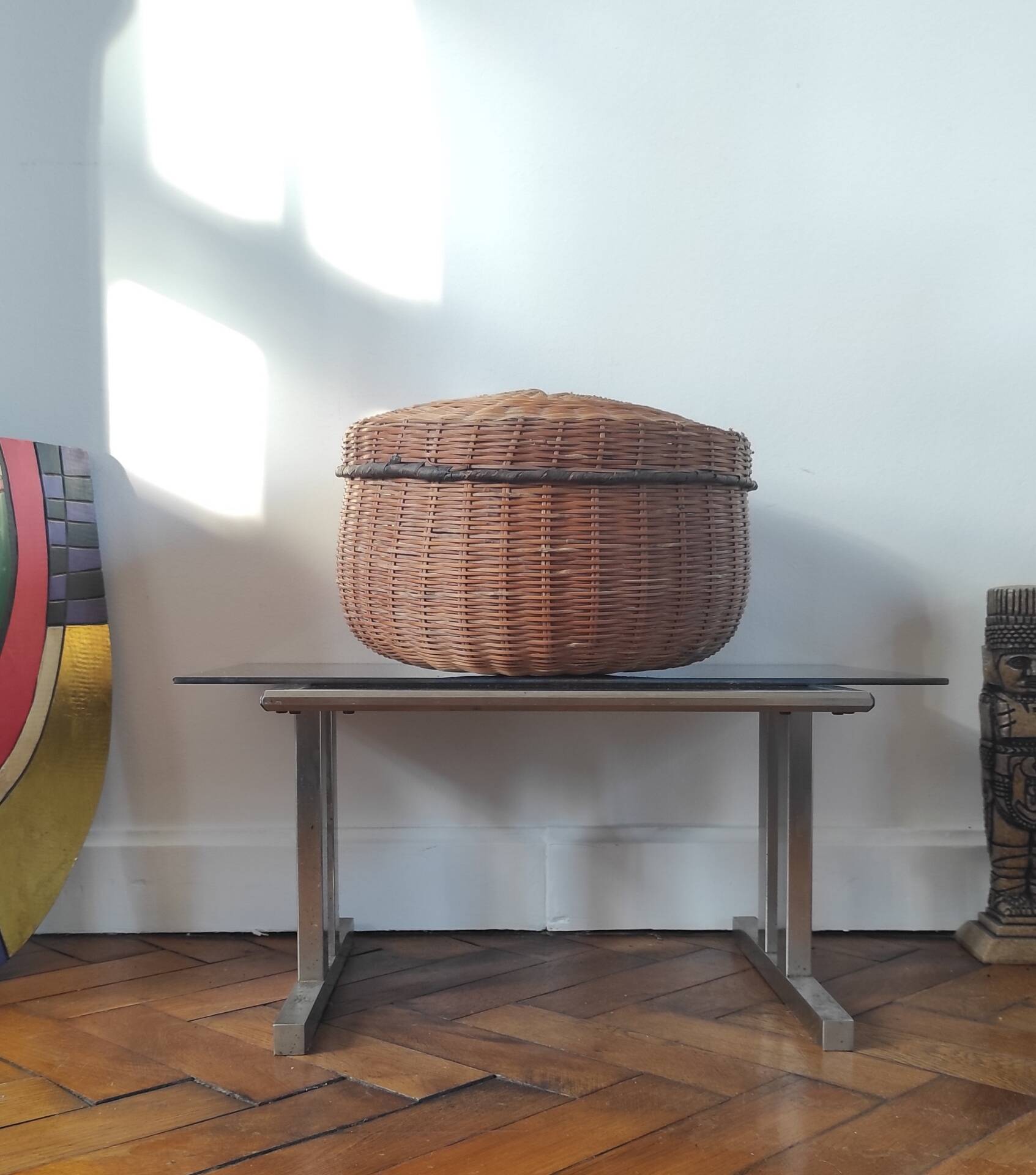 Boîte de rangement vintage en bambou tressé et osier