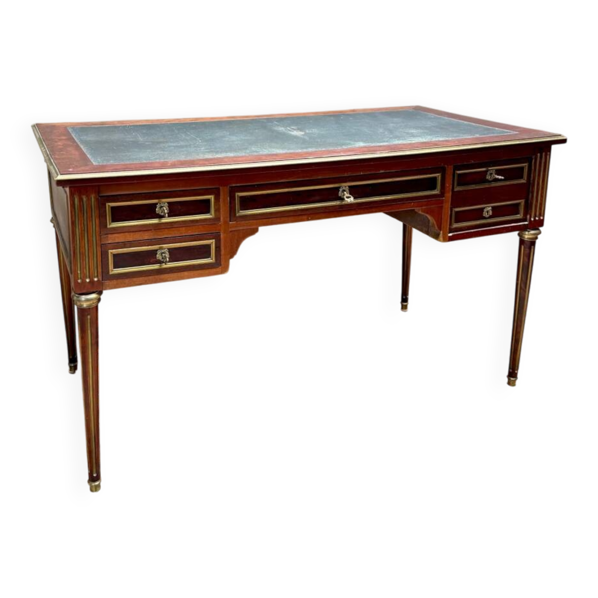 Flat desk in mottled mahogany, Louis XVI style, 19th century