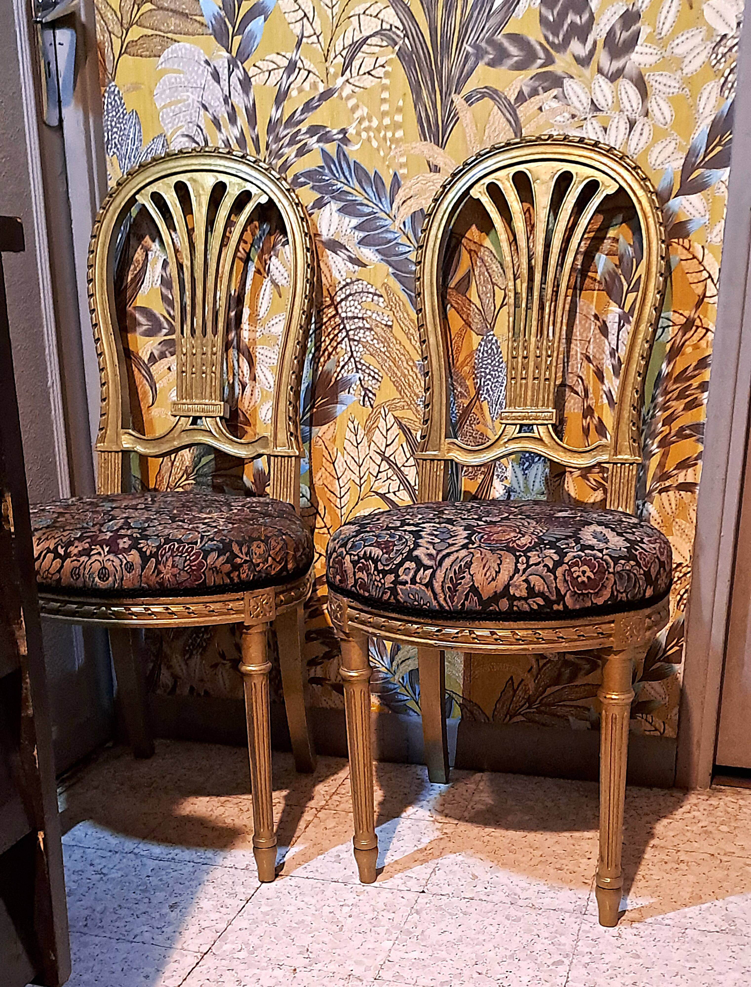 Napoleon III chairs, gilded wood, upholstered in damask fabric