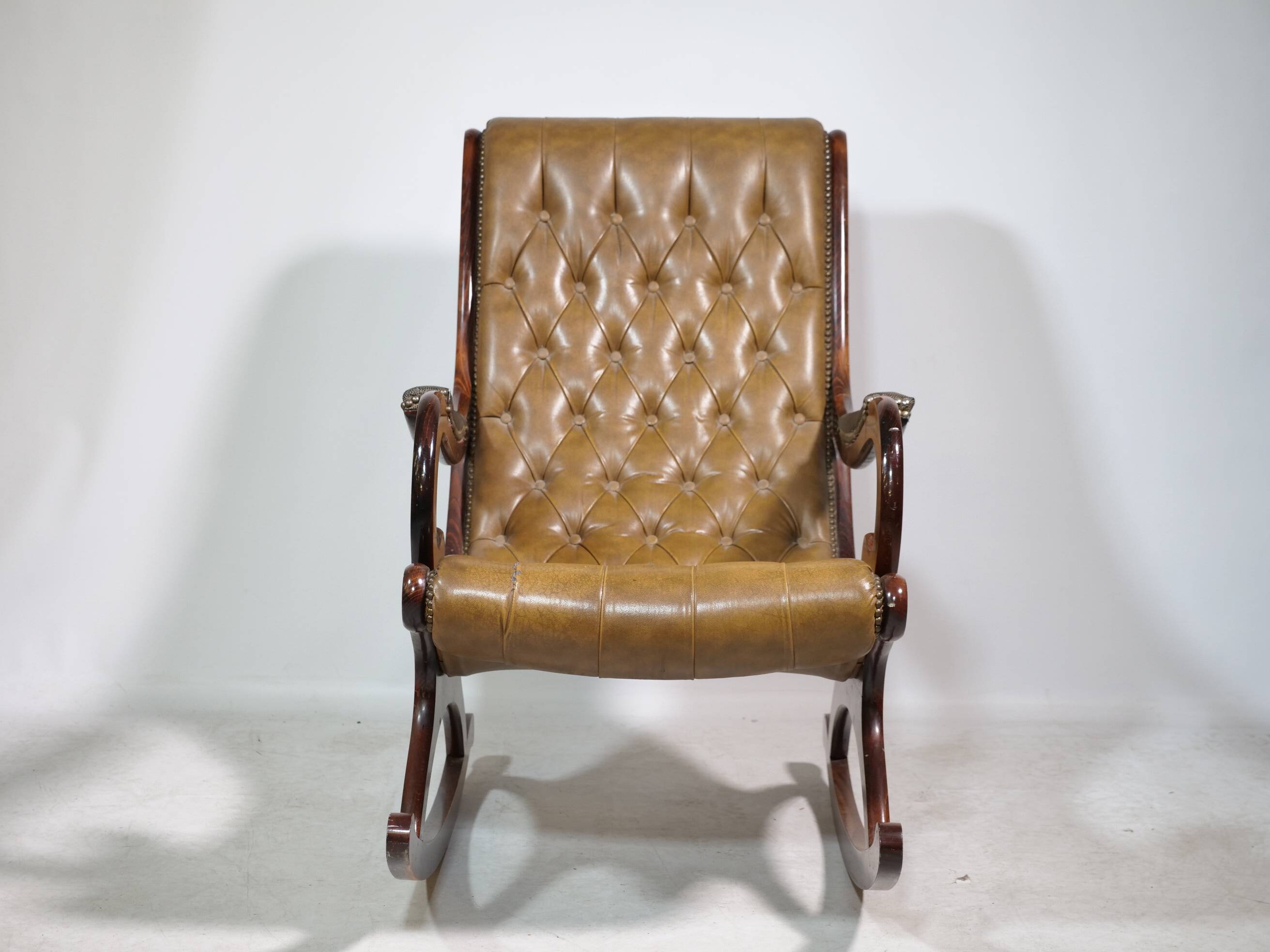Vintage Chesterfield Design Leather Rocking Chair in Wood, 1920s