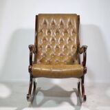 Vintage Chesterfield Design Leather Rocking Chair in Wood, 1920s