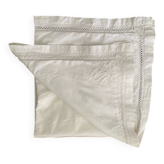 White cotton pillowcase with embroidery and monogram from the 1960s.