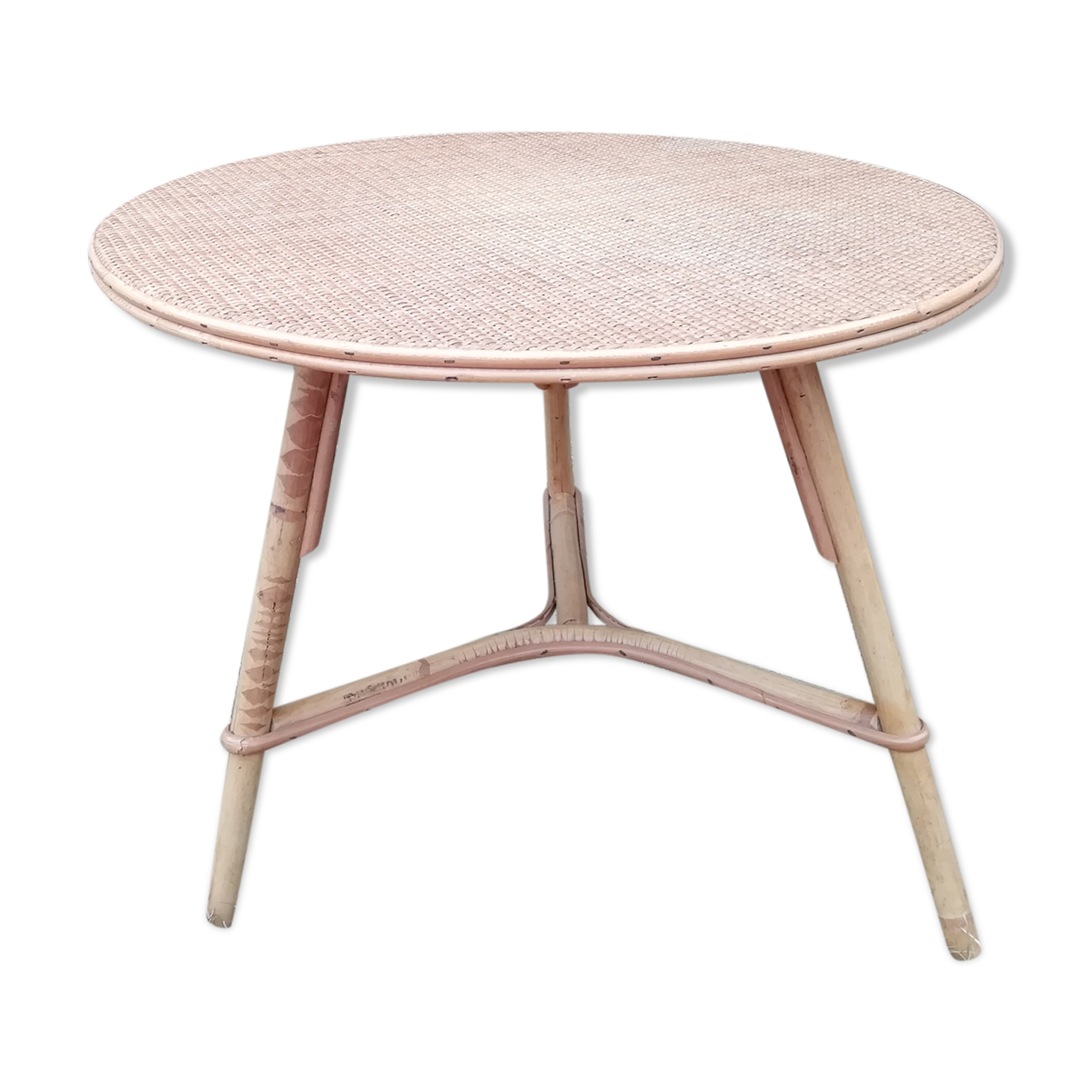 Vintage round rattan tripod coffee table