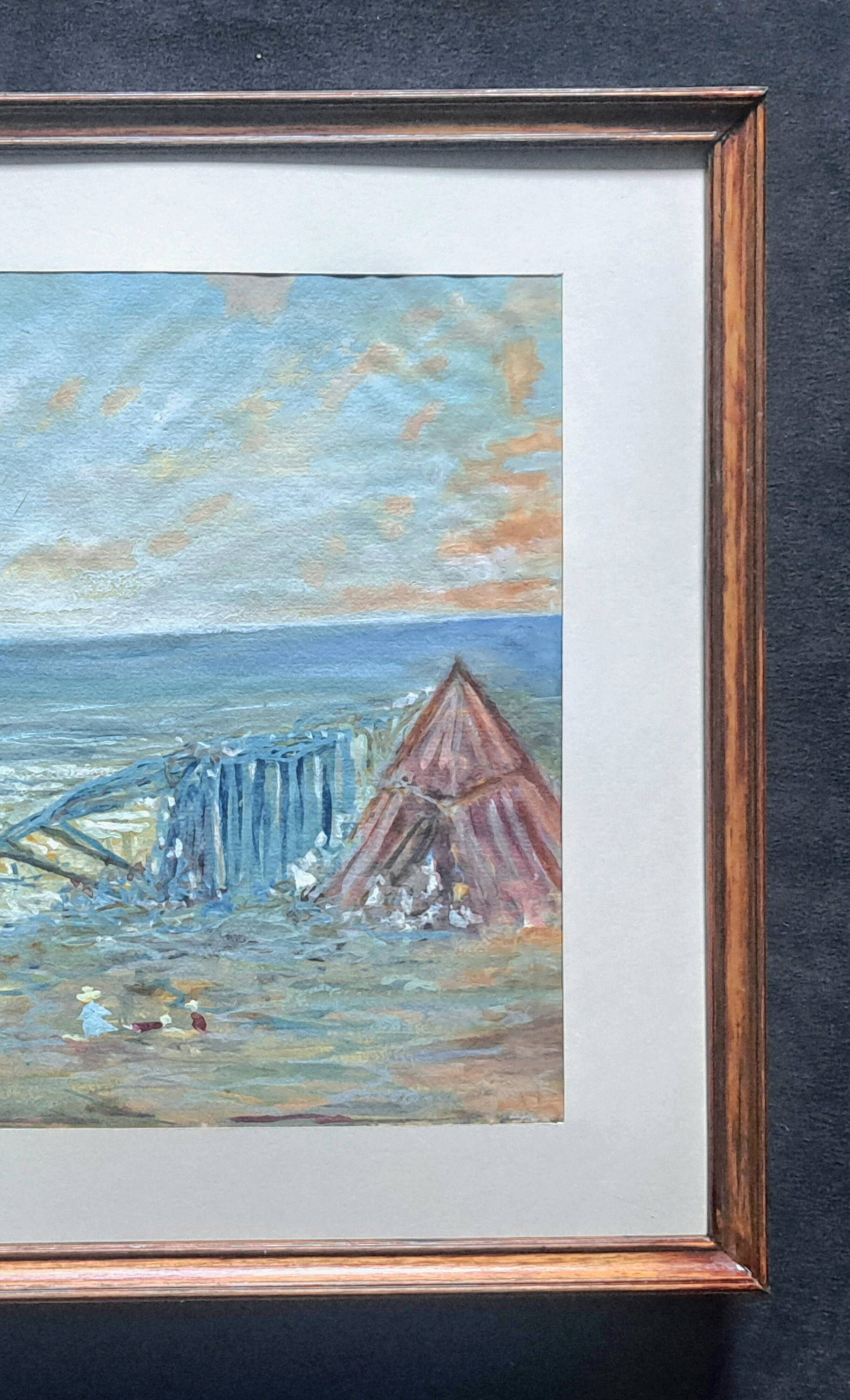 Tableau post-impressionniste à l'aquarelle "Plage de Guéthary" Pays Basque, 1920