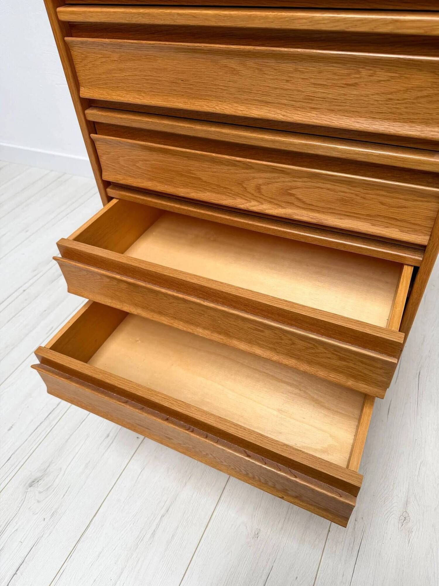 1960s vintage mid-century oak tallboy chest of drawers