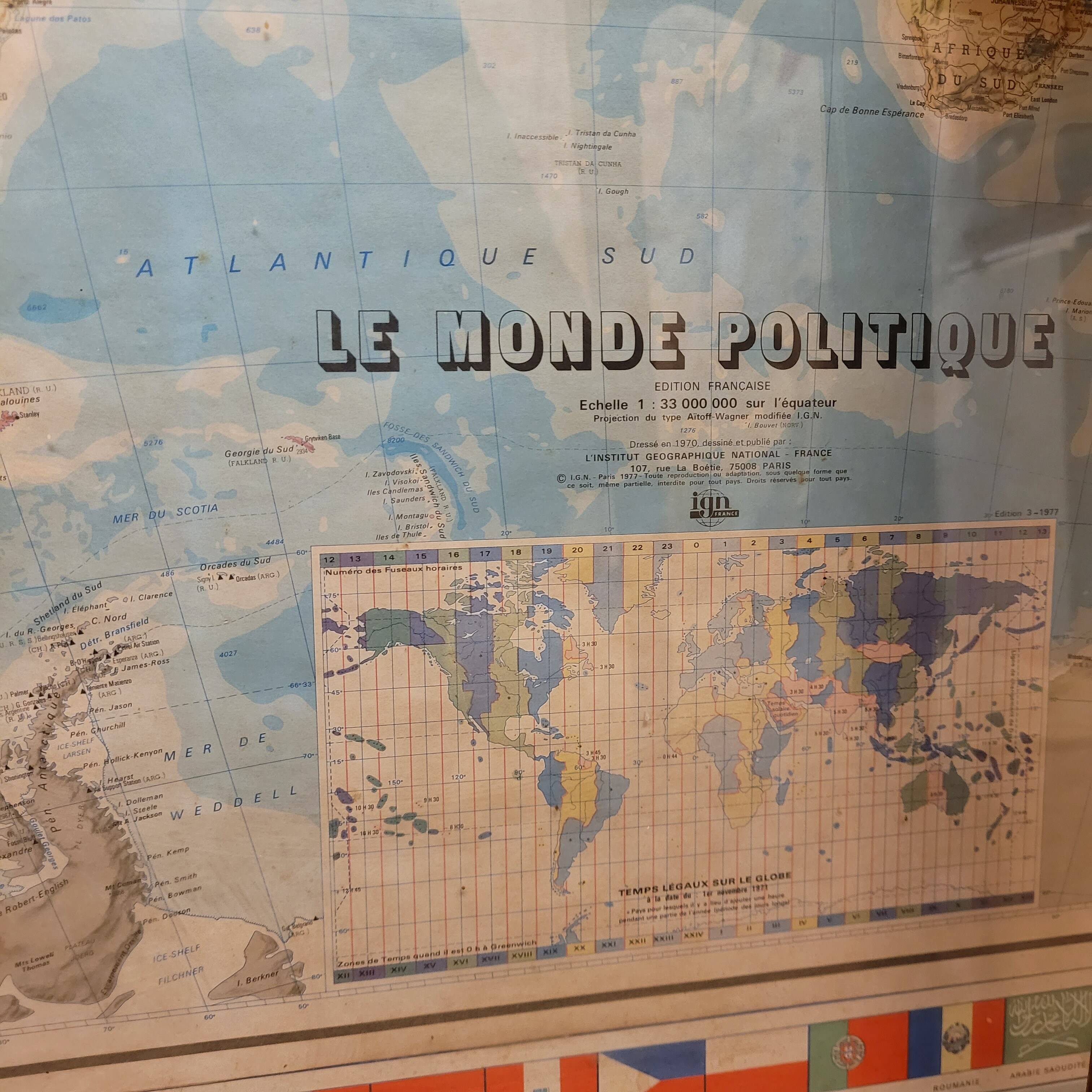 Globe map / Planisphere "Le Monde Politique", National Geographic Institute, 20th century – Fran