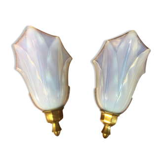 Pair of brass and opalescent glass wall light