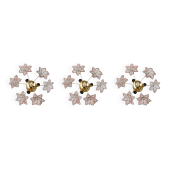 Set of 3 Charming Murano Vintage Ceiling Light Pink Flowers, 1970s