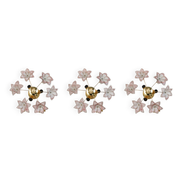 Set of 3 Charming Murano Vintage Ceiling Light Pink Flowers, 1970s