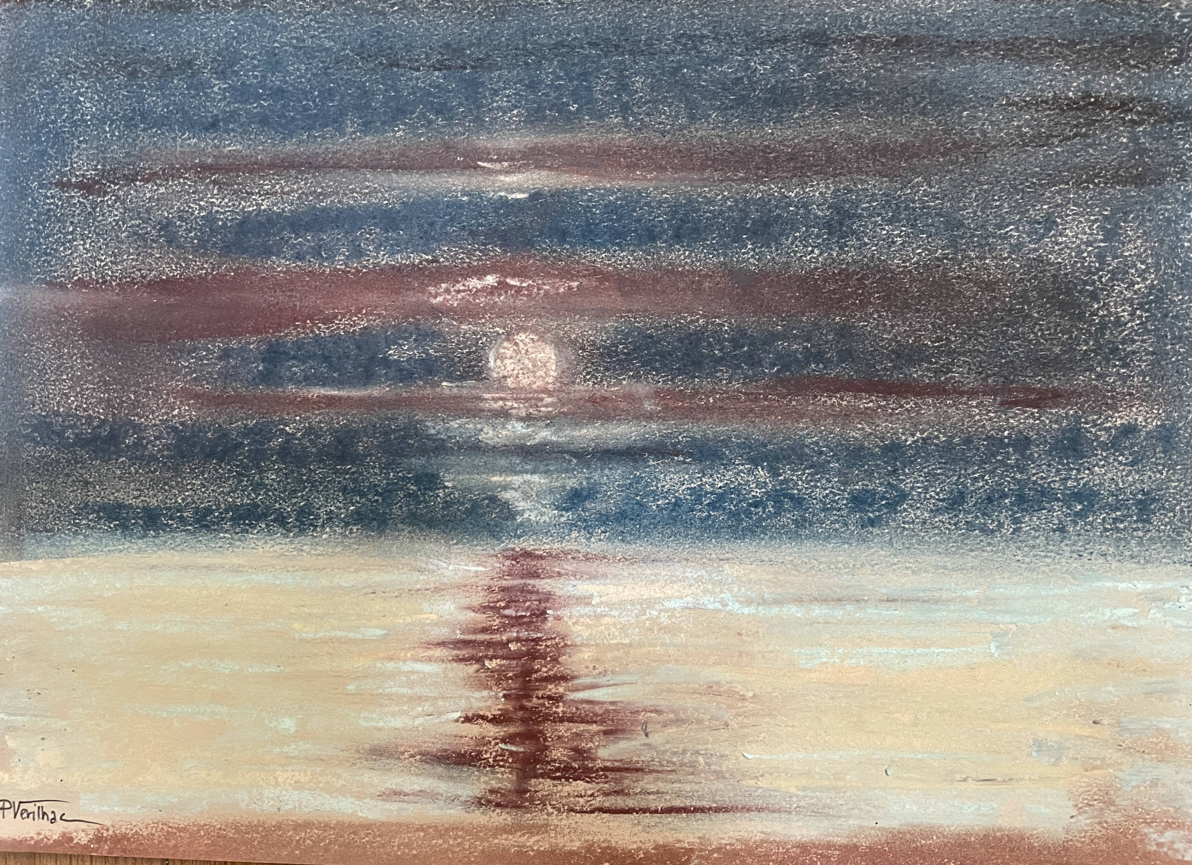 Signed pastel painting "sunset" Normandy