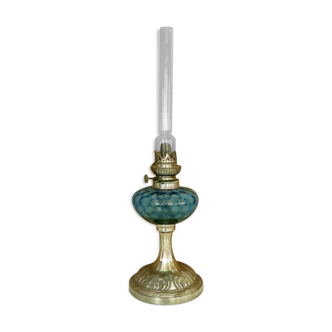 Art Nouveau oil lamp, blue glass tank, silver regulation base