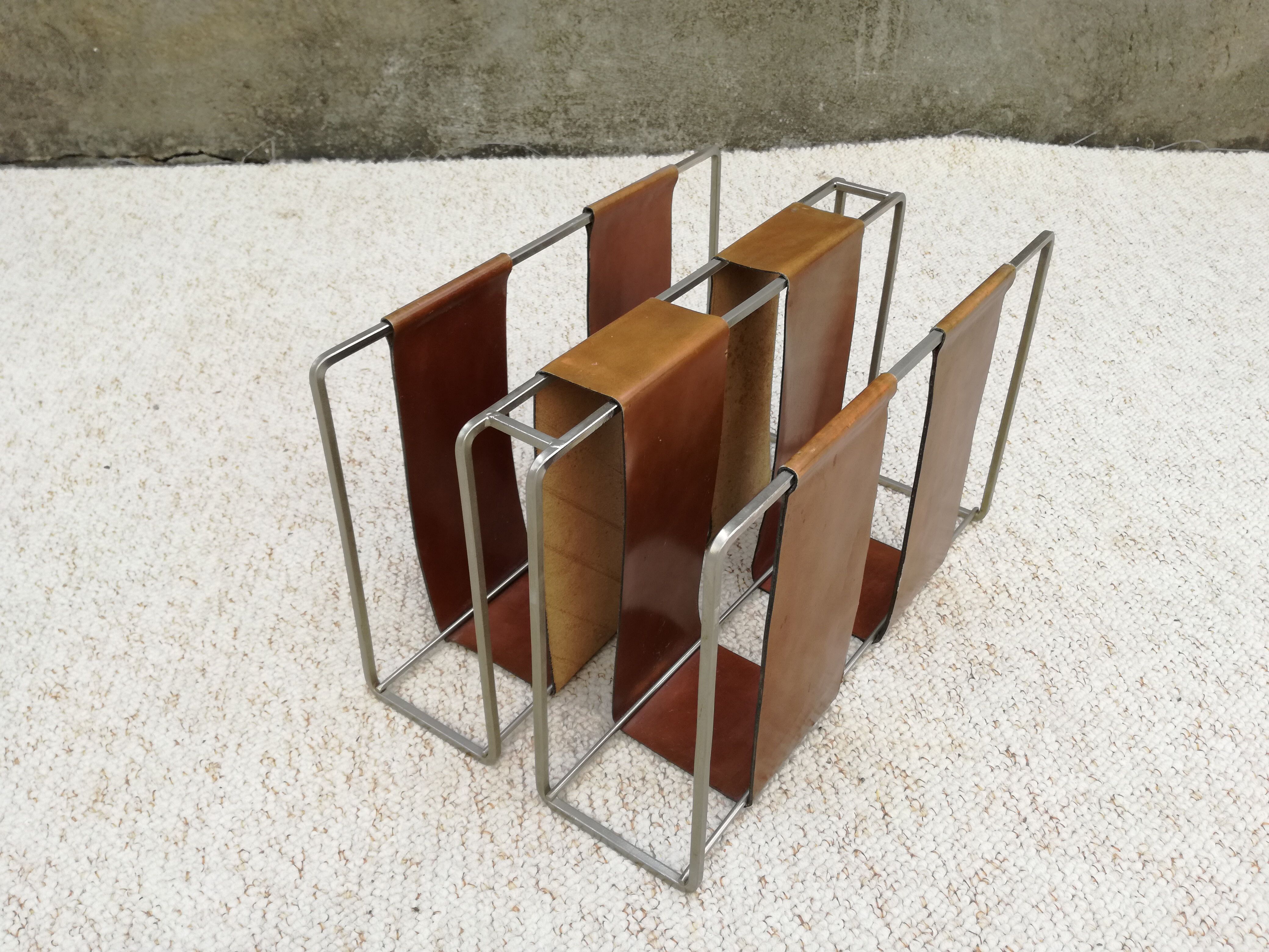 Minimalist metal and camel leather magazine holder