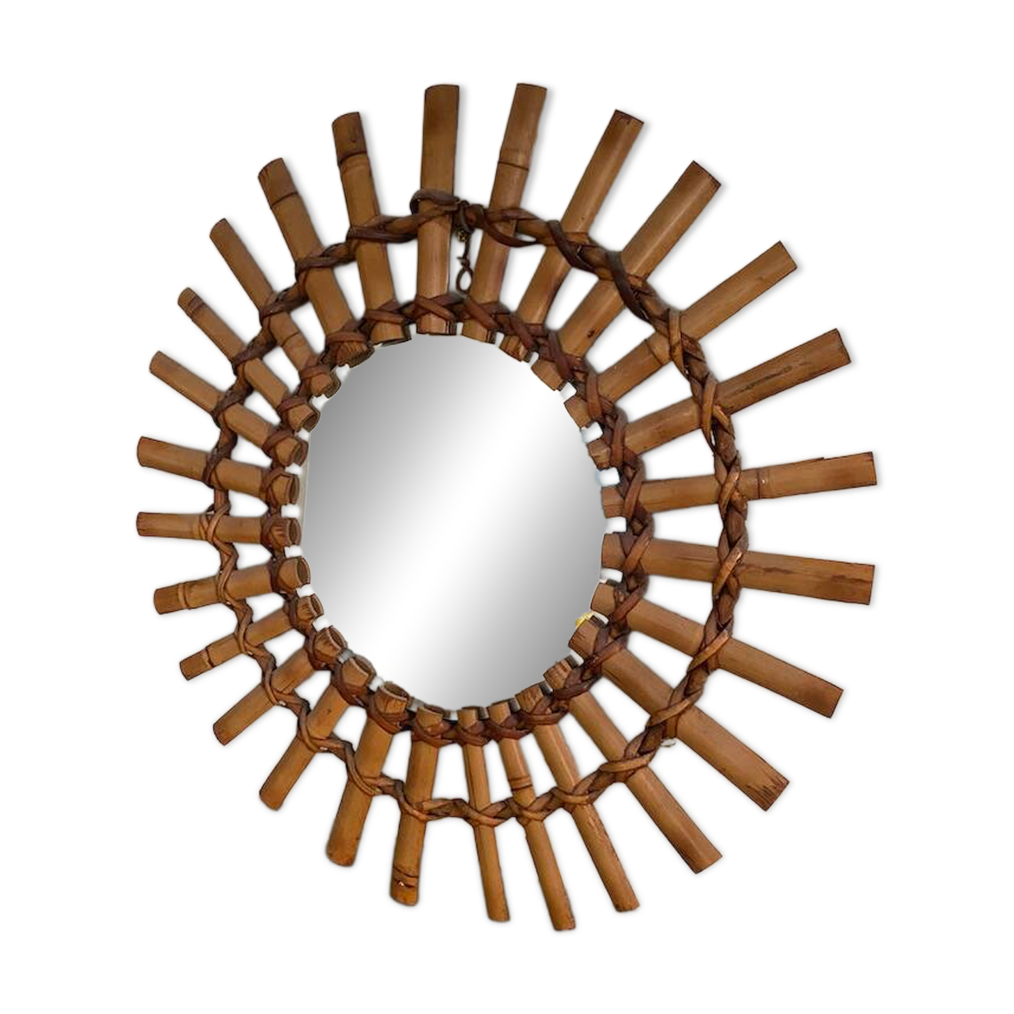 Miroir soleil bambou et rotin 1950