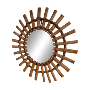 Miroir soleil bambou et rotin 1950