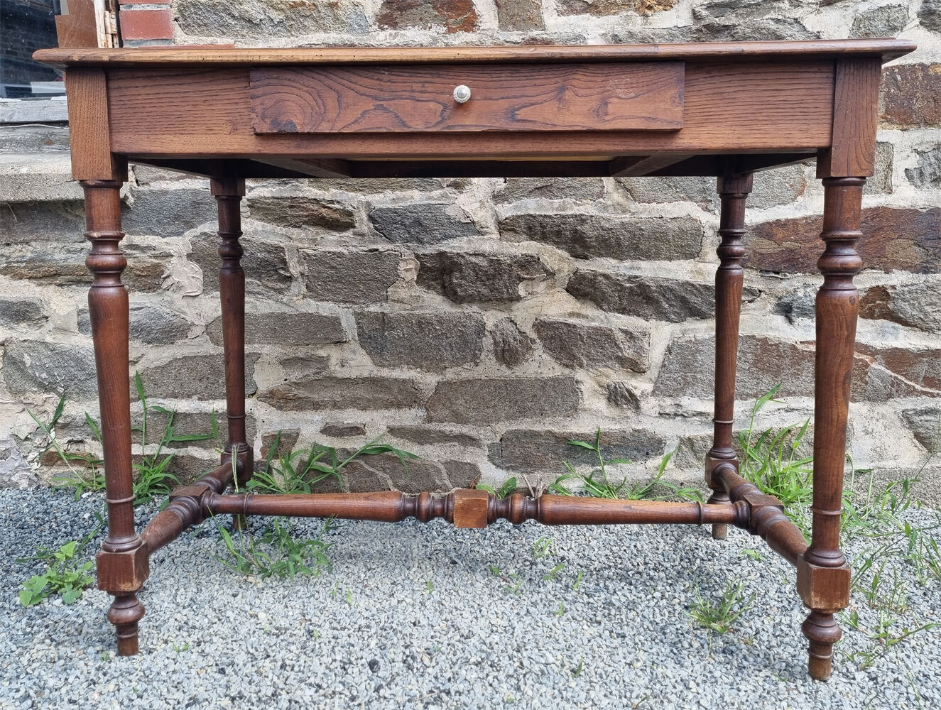 Writing table or wooden desk, Louis XIII style, turned legs, vintage
