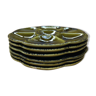 Set of 6 old vintage green ceramic Gien oyster plates