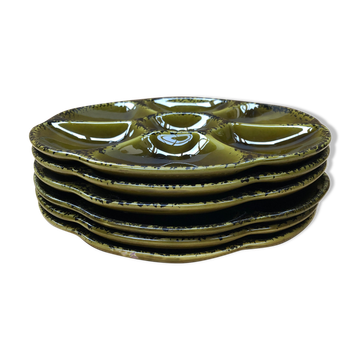 Set of 6 old vintage green ceramic Gien oyster plates