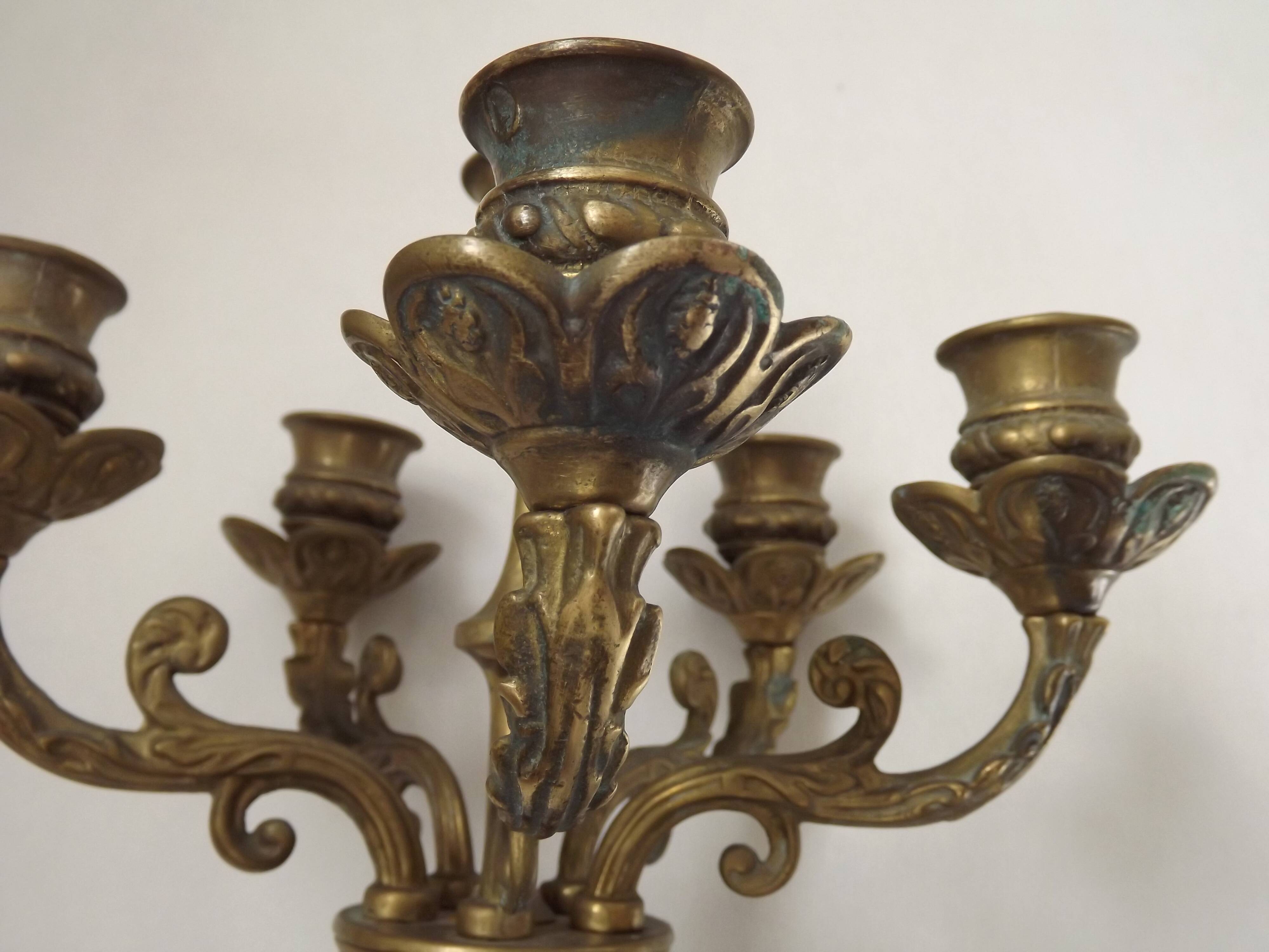 Pair Early 20th Century Rococo Revival Brass 5 Light Candle Wall Sconces