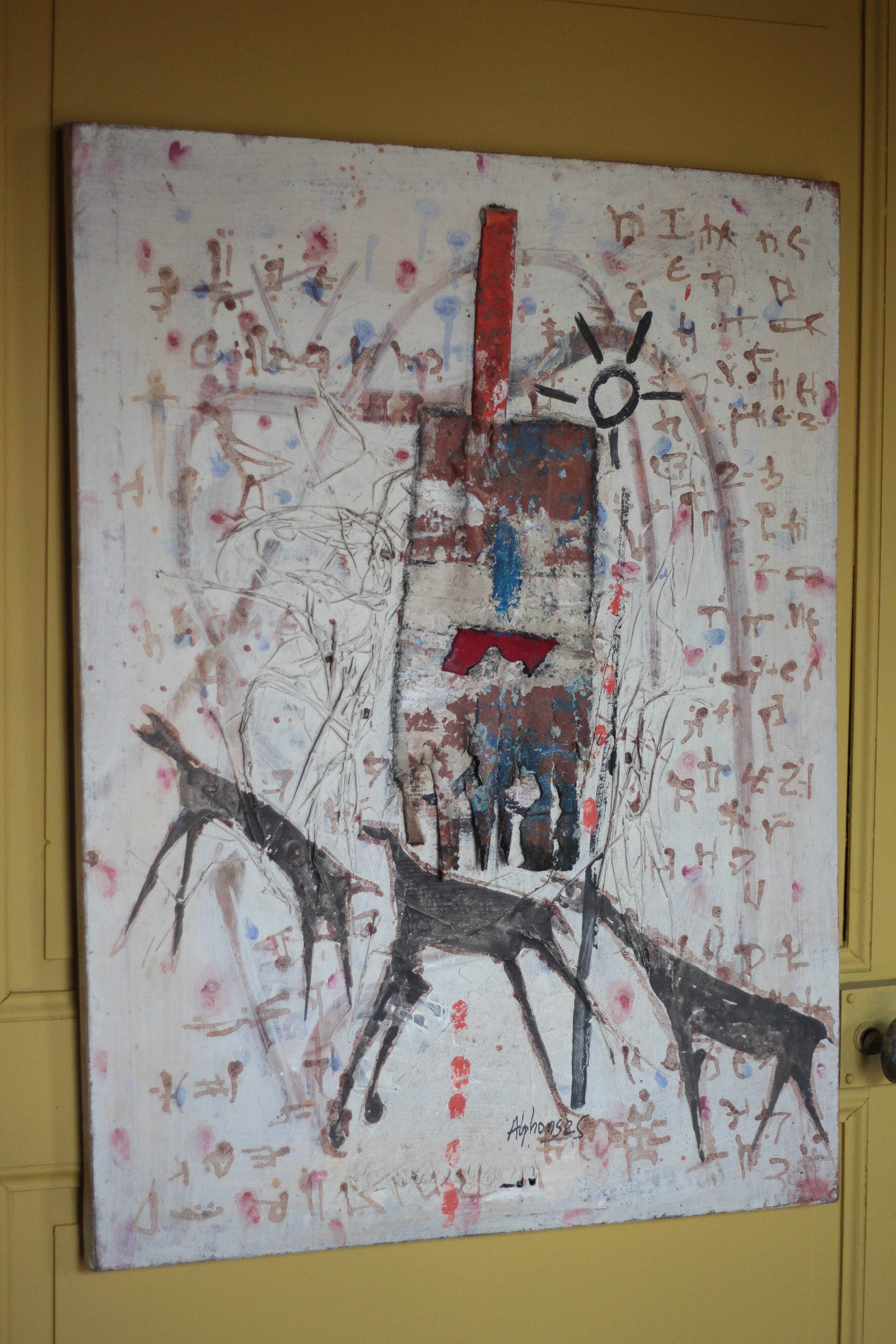 Signed table by Alphonse Sallah, The wolves have entered the city, technique