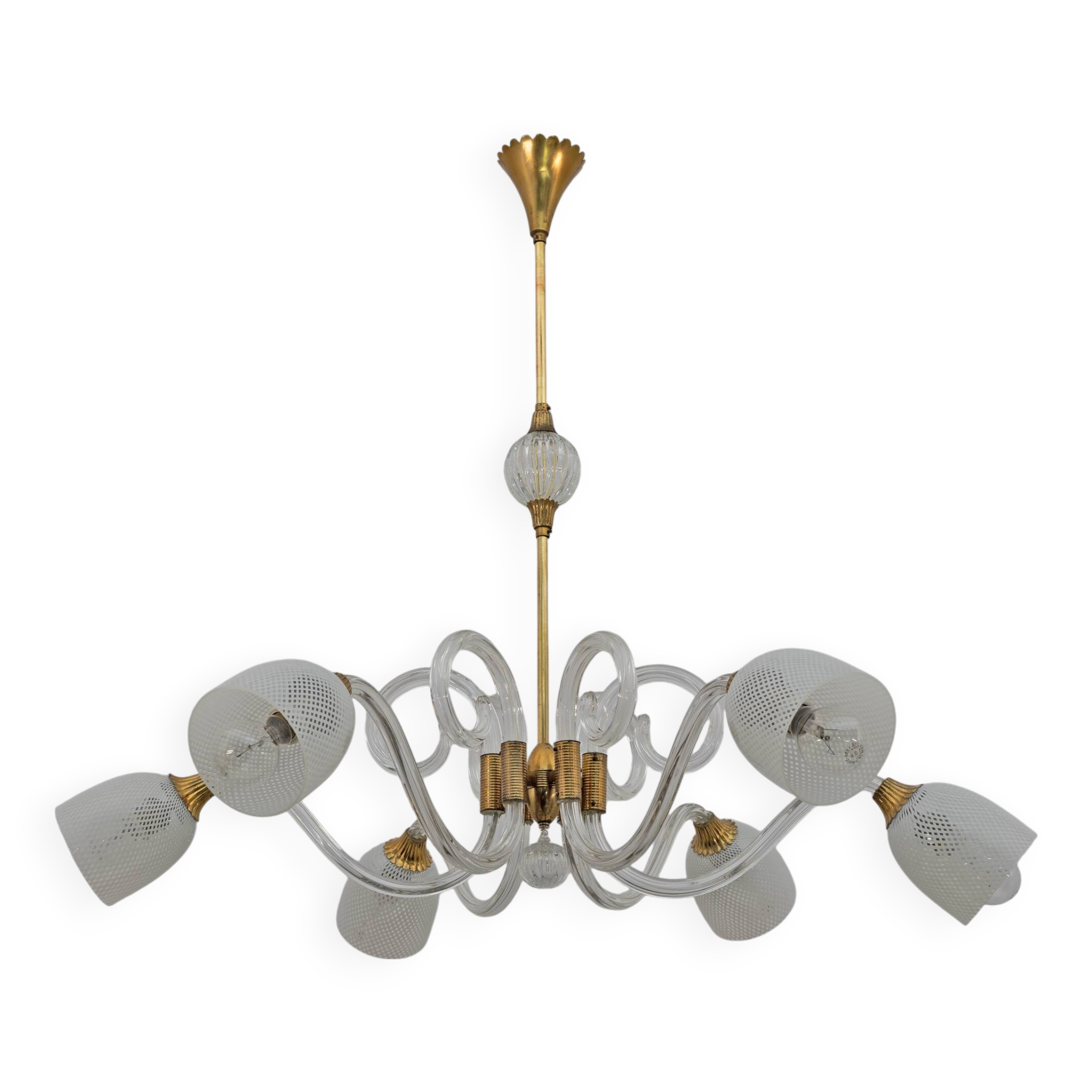 Lustre Art Déco en verre de Murano et laiton italien Ercole Barovier, années 1935