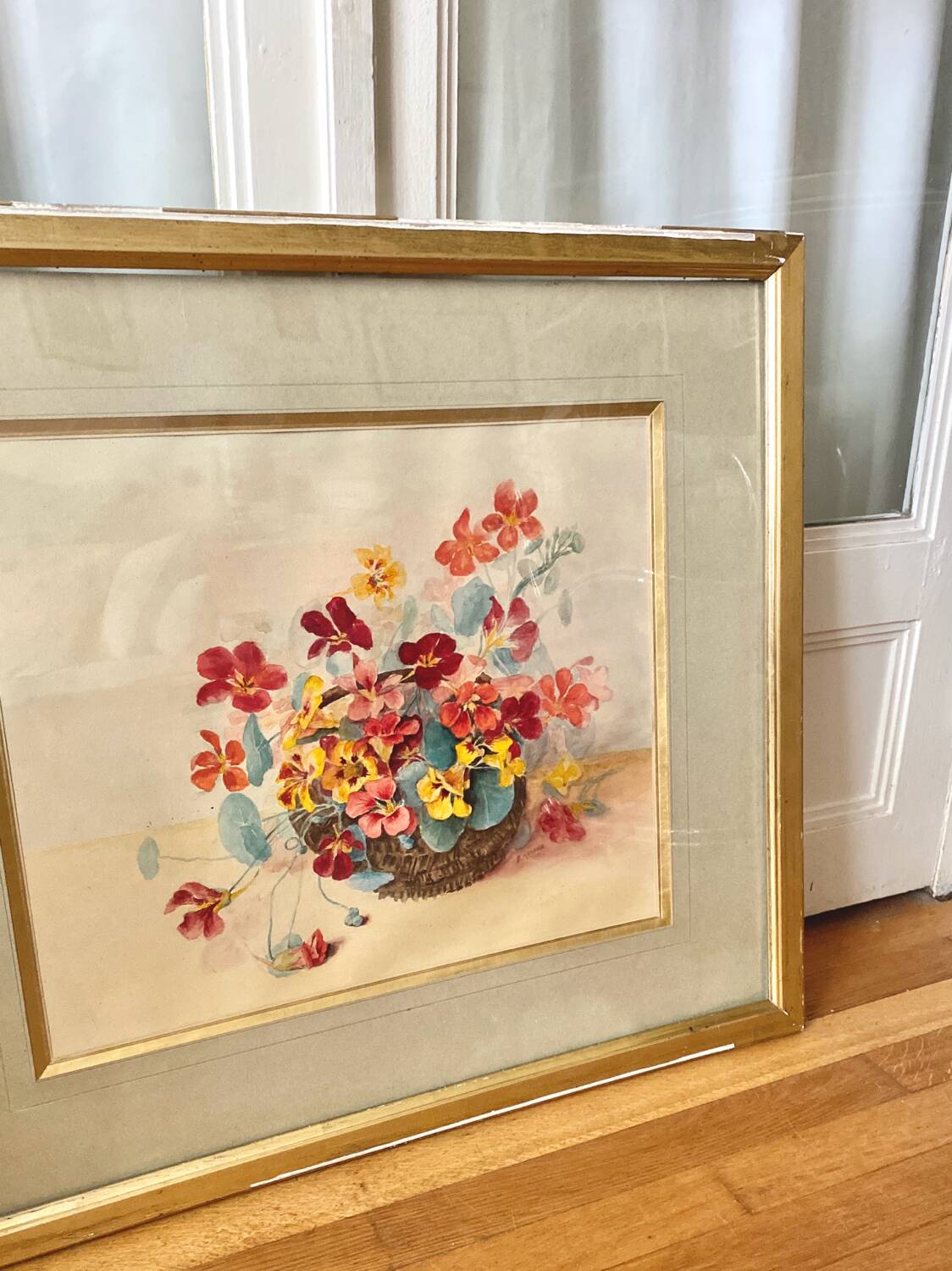 Grand tableau Aquarelle encadrées fin 19e siècle motif panier de fleurs