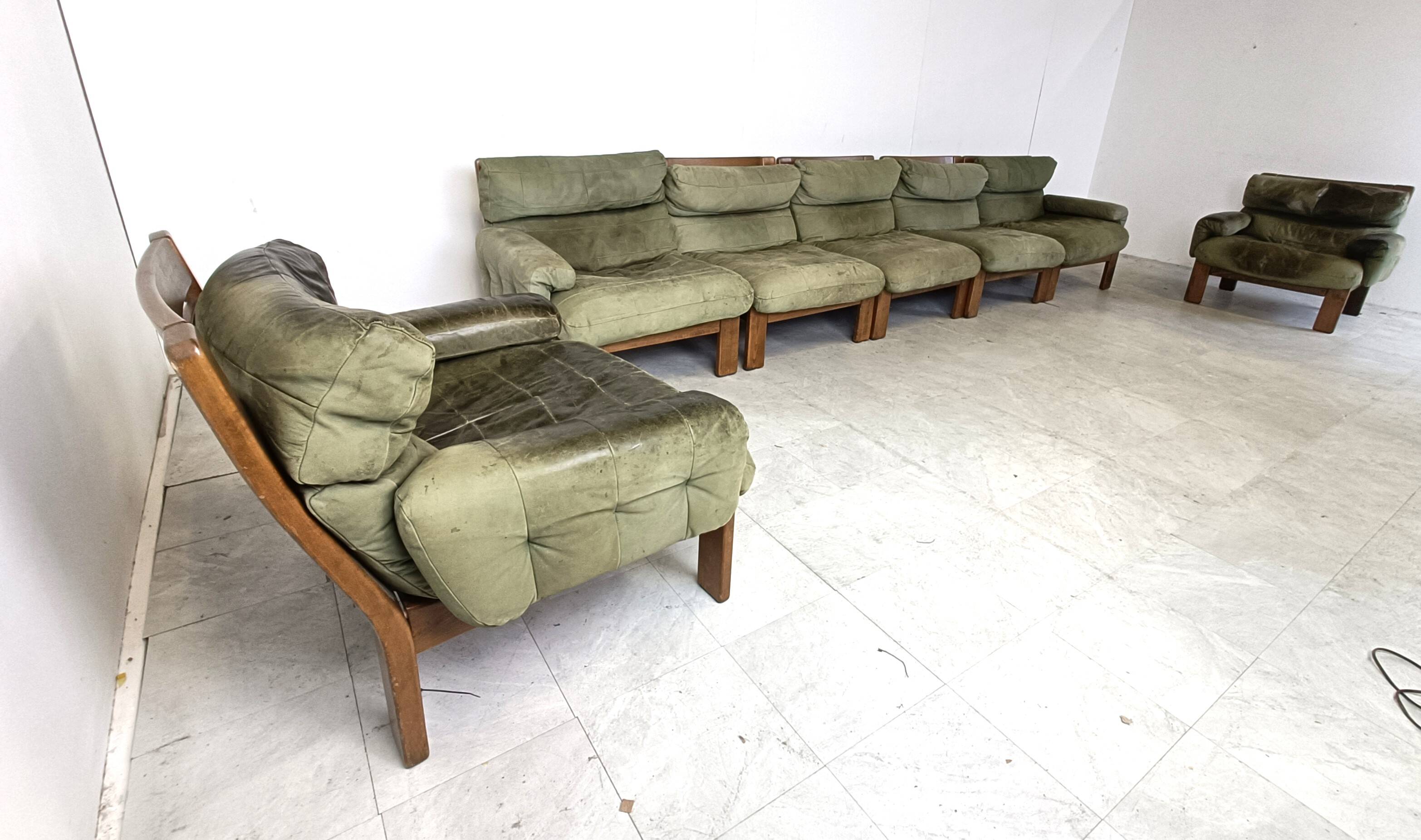 Vintage modular green leather sofa, 1960s