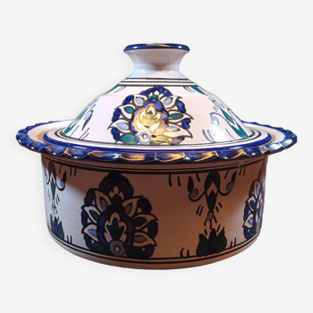 Tajine Dish in White and Blue Ceramic with Oriental Patterns