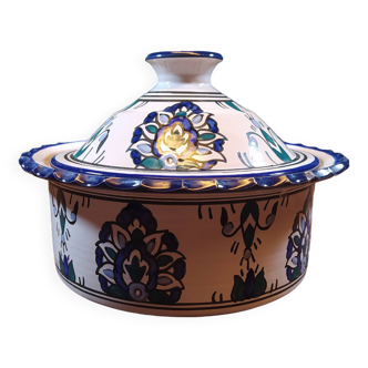 Tajine Dish in White and Blue Ceramic with Oriental Patterns